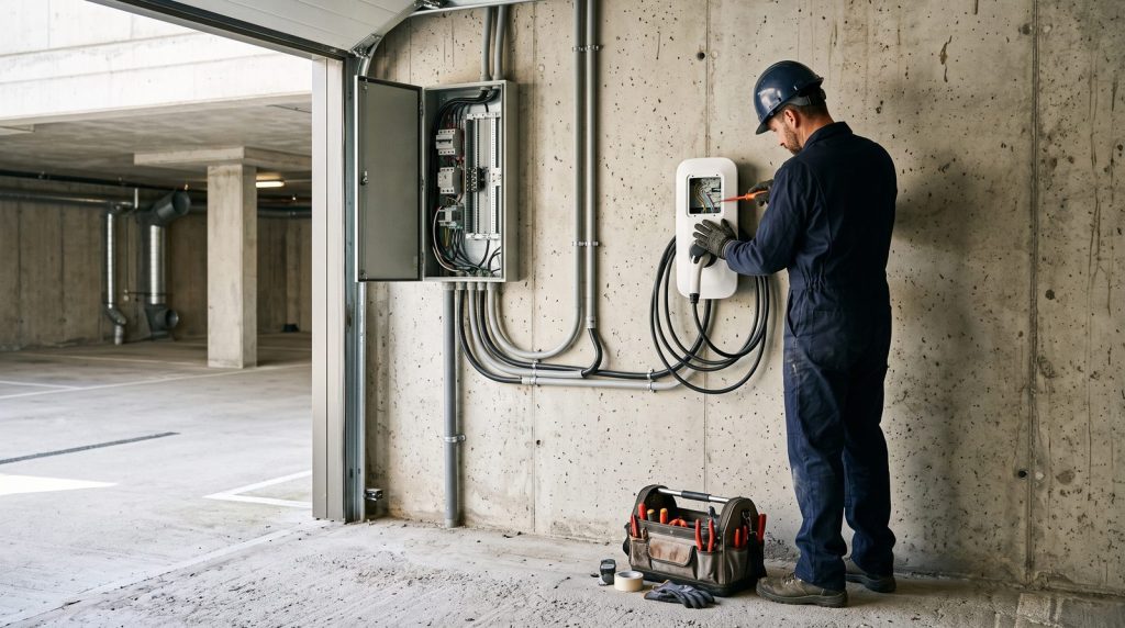 Électricien qualifié IRVE raccordant une borne de recharge murale au coffret électrique d'un parking d'entreprise