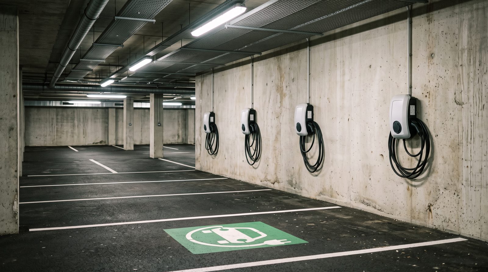 Prix borne de recharge entreprise : parking équipé Parking d'entreprise souterrain équipé de quatre bornes de recharge murales pour véhicules électriques